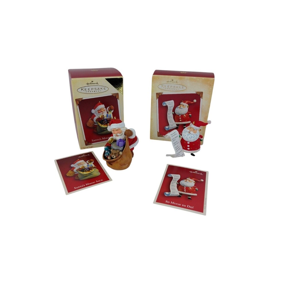 Hallmark Keepsake Ornament 2005 Santa's Magic Sack & 2004 So Much To Do